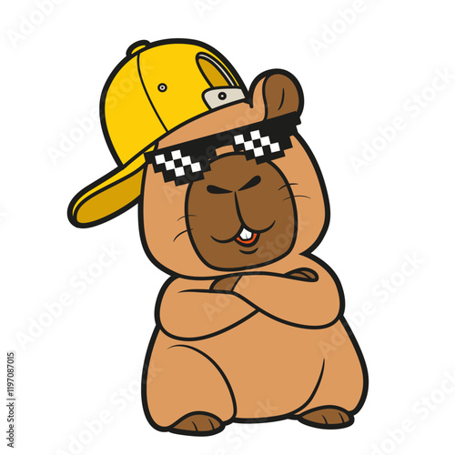 Cute cartoon capybara in a cap and sunglasses on white background