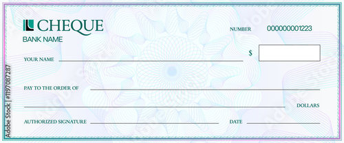 Cheque template with watermark for bank check or checkbook voucher, vector background. Money payment cheque template or paycheck with guilloche watermark for payment coupon or bank voucher bill