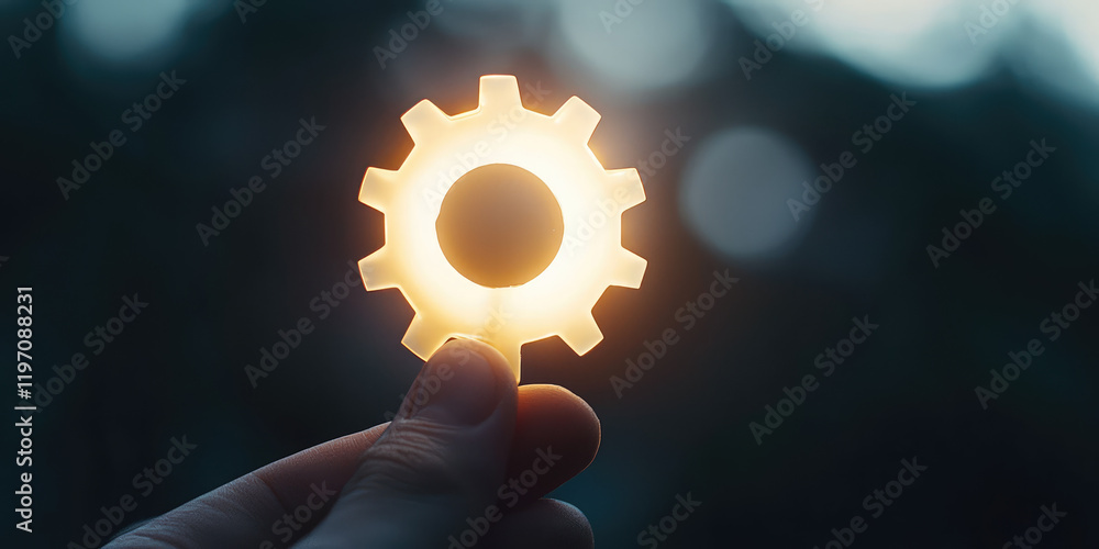 Hand holding a glowing gear on an abstract background with copy space, creative concept innovation and technology