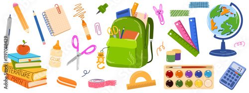 School supplies set. Backpack, book, globe, paints, ruler, pen, pencil, calculator, pencil box, crayon, glue. Vector illustration for study, school, university.