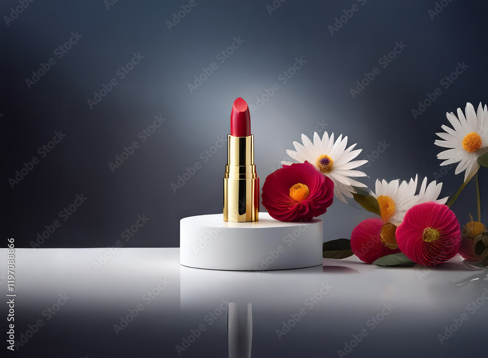 Red lipstick with gold casing sits on a small white pedestal, adorned with delicate paper flowers. The elegant presentation suggests luxury and beauty. Red lipstick with gold casing sits on a small white pedestal, adorned with delicate paper flowers. The elegant presentation suggests luxury and beauty.