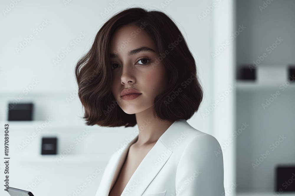 Stylish young woman with wavy hair poses elegantly in a modern, minimalist interior Stylish young woman with wavy hair poses elegantly in a modern, minimalist interior