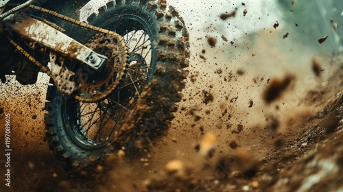 Motocross bike rear wheel, dirt track, race photo