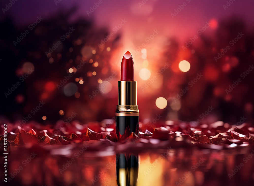 A single tube of vibrant red lipstick stands elegantly amidst a bed of red, star-shaped confetti, reflecting in a glossy surface. The background is a bokeh of warm, red and purple lights. A single tube of vibrant red lipstick stands elegantly amidst a bed of red, star-shaped confetti, reflecting in a glossy surface. The background is a bokeh of warm, red and purple lights.