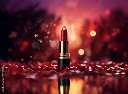 A single tube of vibrant red lipstick stands elegantly amidst a bed of red, star-shaped confetti, reflecting in a glossy surface.  The background is a bokeh of warm, red and purple lights. photo