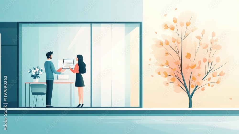 People Collaborating in Modern Office Setting with Tree and Leaves During Autumn Season People Collaborating in Modern Office Setting with Tree and Leaves During Autumn Season
