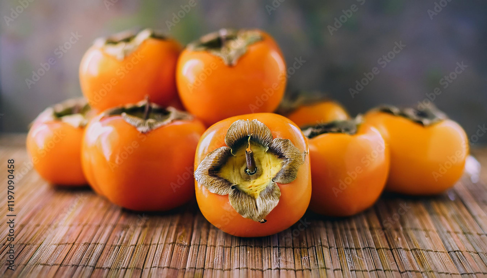 Ripe persimmons. Organic and fresh. Delicious seasonal fruit. Ripe persimmons. Organic and fresh. Delicious seasonal fruit.