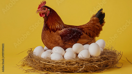 A chicken sitting on eggs in front of an orange background a female surrounded by fresh brown eggs photo