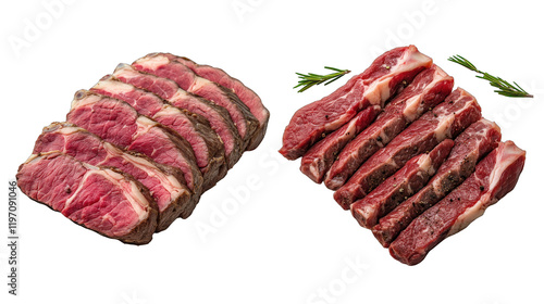 Two different cuts of meat are displayed side by side photo