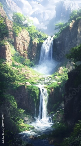 Majestic Waterfall in Lush Green Valley
