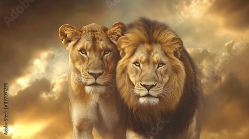 Majestic lion couple, sunset savanna, wildlife, African pride, nature documentary