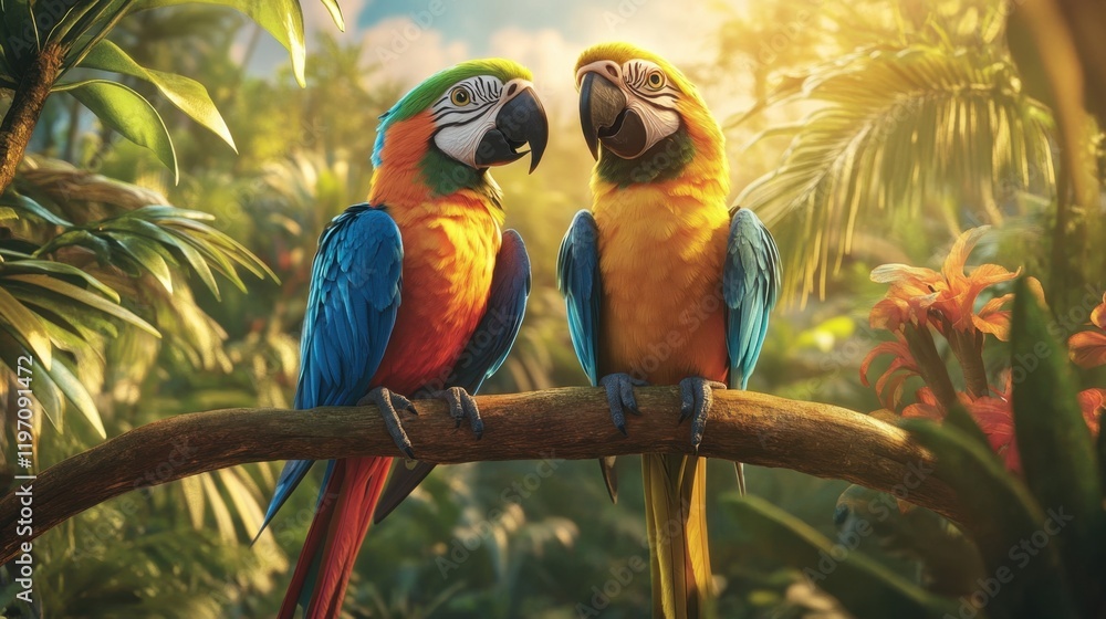 Obraz premium A pair of parrots perched on a branch, displaying their vibrant feathers in a natural setting.