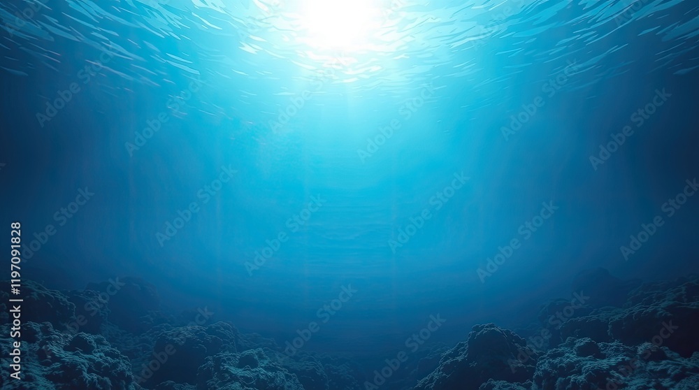 Obraz premium An underwater seascape in a deep abyss, bathed in the ethereal glow of a blue sun. Bioluminescent creatures radiate vibrant colors