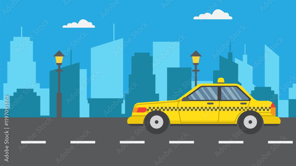 Naklejka premium vector illustration of City Skyline View with a Yellow Taxi Driving on the Urban Road