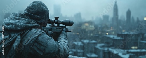 A sniper on a rooftop, observing the city below through a highpowered scope, stealthy and focused, urban landscape with sharp details, realistic, cinematic composition photo