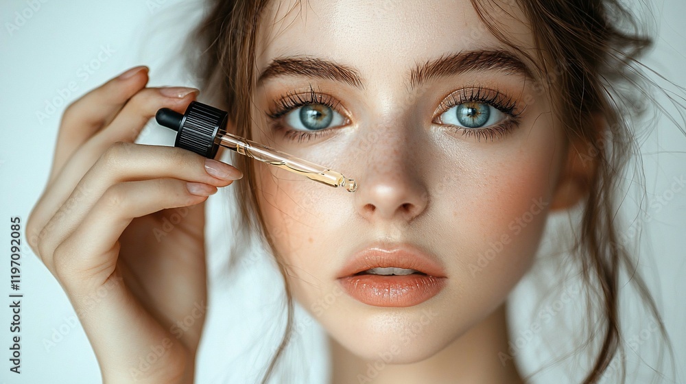 Young woman applying facial serum. Young woman applying facial serum.
