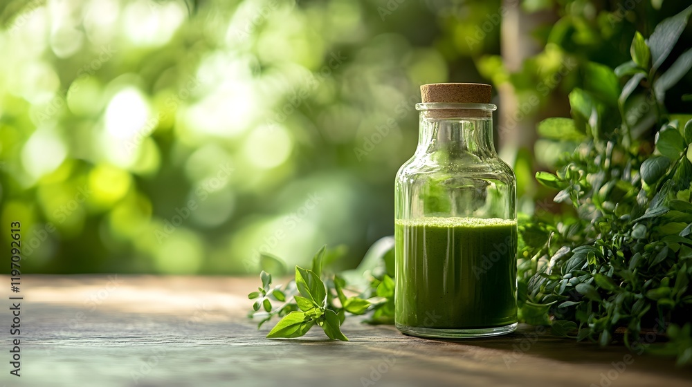 Green matcha and MCT oil blend in a glass bottle, surrounded by natural light and fresh greenery, luxurious food photography Green matcha and MCT oil blend in a glass bottle, surrounded by natural light and fresh greenery, luxurious food photography