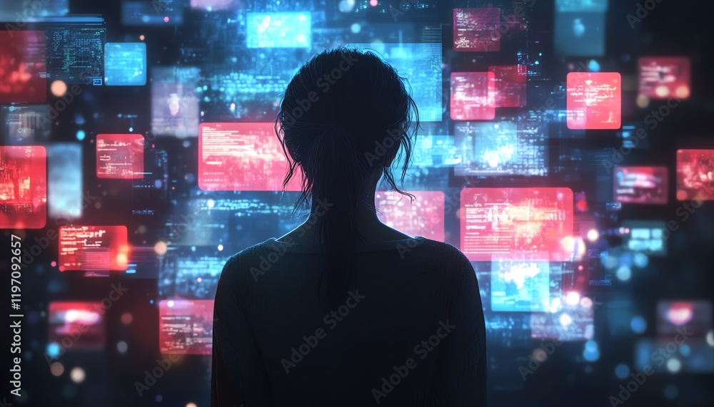 Animated visualization of Caucasian woman browsing metaverse data, viral content, and influencerdriven social media profiles, seen from behind Animated visualization of Caucasian woman browsing metaverse data, viral content, and influencerdriven social media profiles, seen from behind