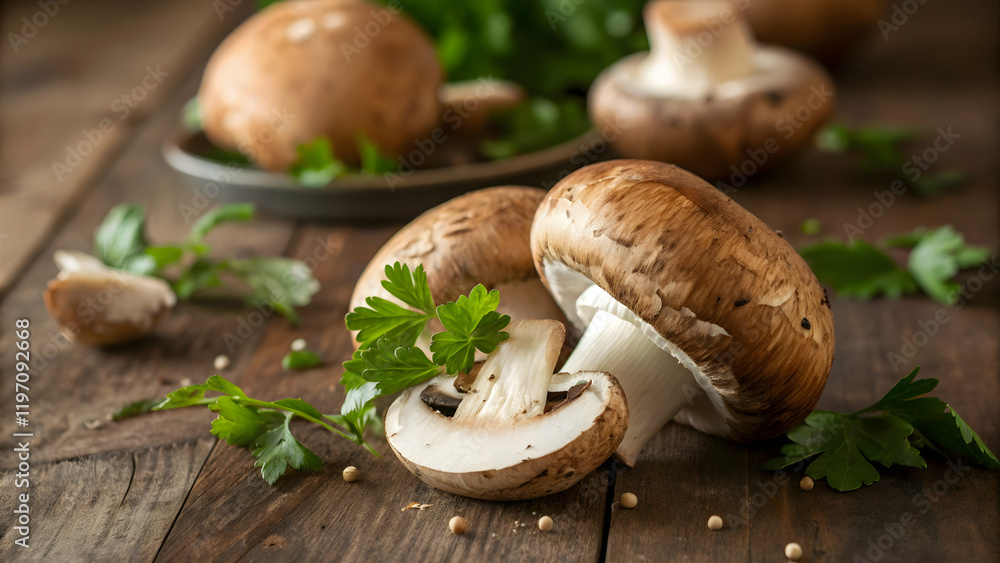Brown Mushrooms with Parsley on Wooden Surface Brown Mushrooms with Parsley on Wooden Surface