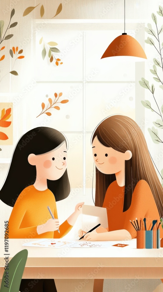 Creative Arts and Craft Session Between Two Girls in Cozy Indoor Environment with Autumn Decor Creative Arts and Craft Session Between Two Girls in Cozy Indoor Environment with Autumn Decor