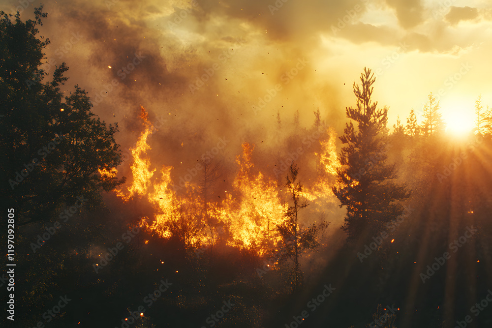 Naklejka premium Fire, burning grass, forest, field, uncontrolled fire, open fire, fire destroys everything, dangerous fire