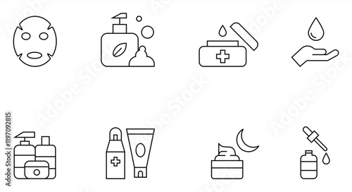 Outline Icons Depicting Skincare Products and Beauty Care Items