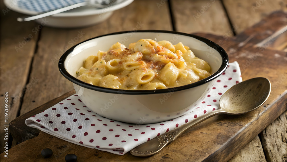 Creamy Macaroni and Cheese with Seasoning on White Cloth Creamy Macaroni and Cheese with Seasoning on White Cloth