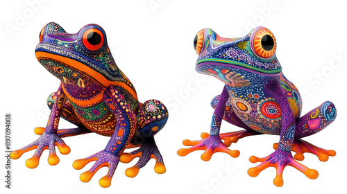 Two frogs with colorful patterns on their bodies