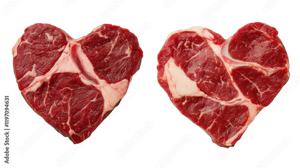 Two pieces of meat are cut into heart shapes Two pieces of meat are cut into heart shapes