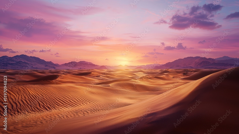 Fototapeta premium Serene Vibrant Sunset Over Majestic Desert Dunes with Beautifully Sculpted Sand and Dramatic Sky in a Tranquil Landscape Scene