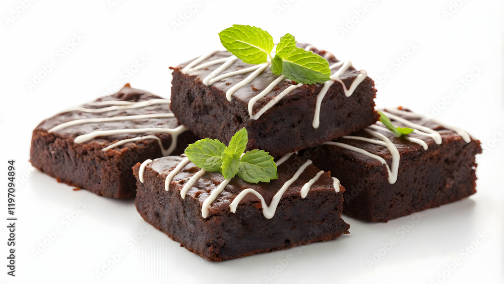 Delicious Chocolate Brownies with White Icing and Mint Garnish Delicious Chocolate Brownies with White Icing and Mint Garnish