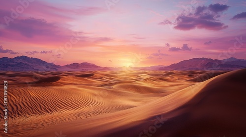 Serene Vibrant Sunset Over Majestic Desert Dunes with Beautifully Sculpted Sand and Dramatic Sky in a Tranquil Landscape Scene