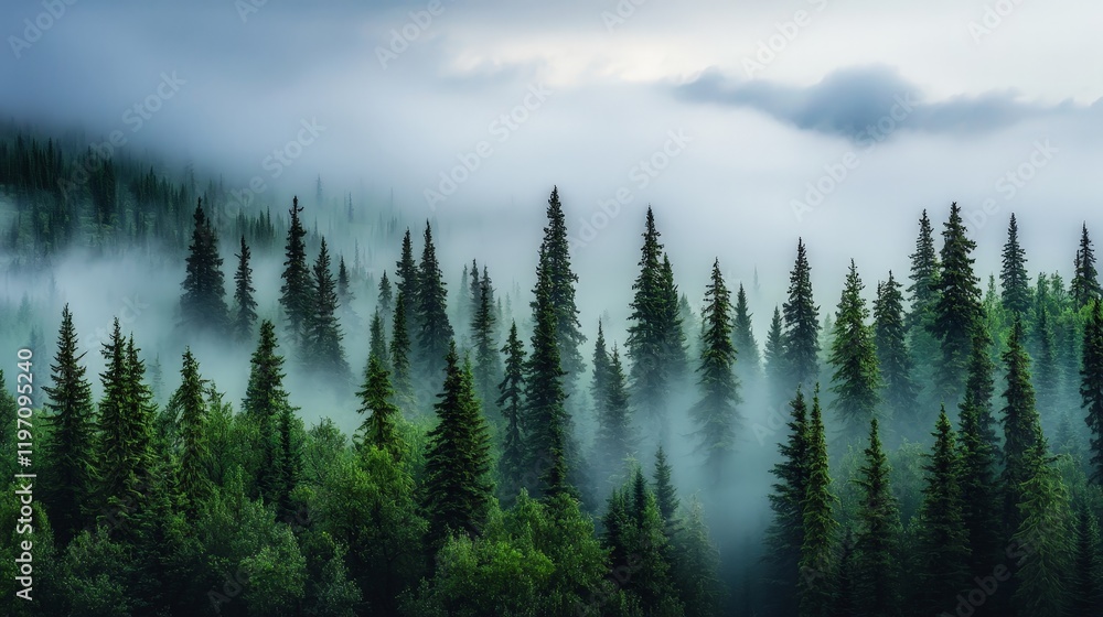Fototapeta premium Dense Fog Rolling Through a Quiet Forest, Creating a Mysterious Atmosphere with Tall Trees Shrouded in Mist and Vivid Green Foliage