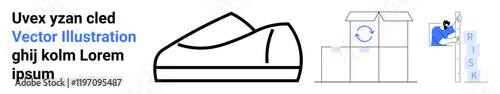 Elements include a minimalist shoe outline, eco-friendly packaging, and a figure assessing risk. Ideal for branding, e-commerce, sustainability, risk management, design, marketing, presentations