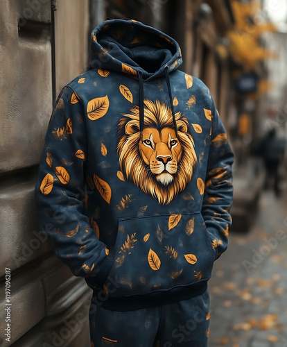 Lion head and autumn leaves printed hoodie.