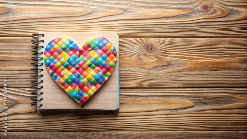 Colorful Heart on Wooden Table with Notepad Colorful Heart on Wooden Table with Notepad