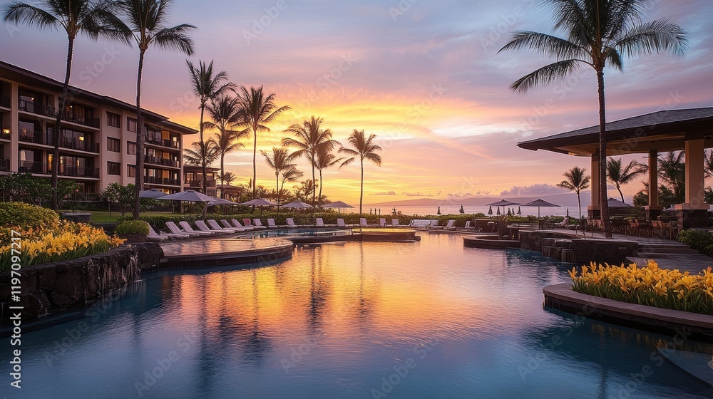 Obraz premium Ethereal sunset with vivid hues of pink, orange, and yellow blending seamlessly in the sky, creating a breathtaking and serene natural view during twilight