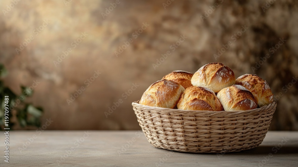 Freshly baked rolls in rustic basket, set against warm, textured Freshly baked rolls in rustic basket, set against warm, textured