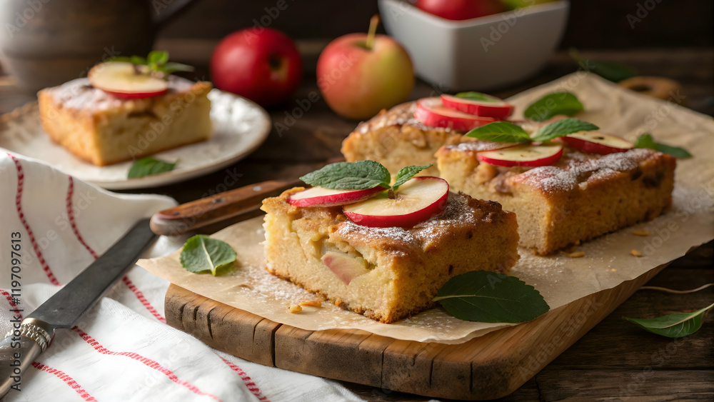 Fresh Raw Apple Cake with Slices and Mint Leaves Fresh Raw Apple Cake with Slices and Mint Leaves