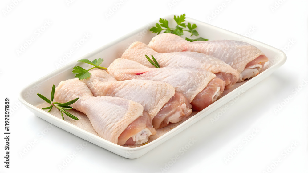 Fresh Raw Chicken Drumsticks with Herbs on White Tray Fresh Raw Chicken Drumsticks with Herbs on White Tray