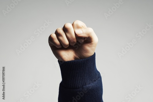 Fist raised in solidarity against a neutral background during an empowerment event or campaign photo