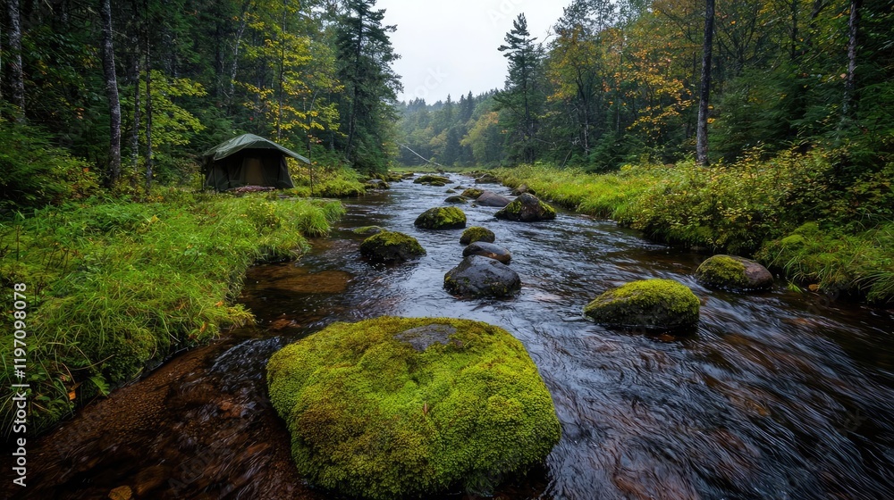 Calm autumn river flowing through forest, mossy rocks, shelter. Nature landscape, travel postcard Calm autumn river flowing through forest, mossy rocks, shelter. Nature landscape, travel postcard