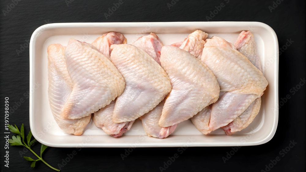 Fresh Raw Chicken Wings with Garlic and Herbs on White Tray Black Background Fresh Raw Chicken Wings with Garlic and Herbs on White Tray Black Background