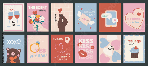 Valentine day typography template posters. Covers with love, hearts, bouquet, kiss, proposal ring, flirty message, cupcake, other. Social media banners set in retro 90s design. Vector illustration.