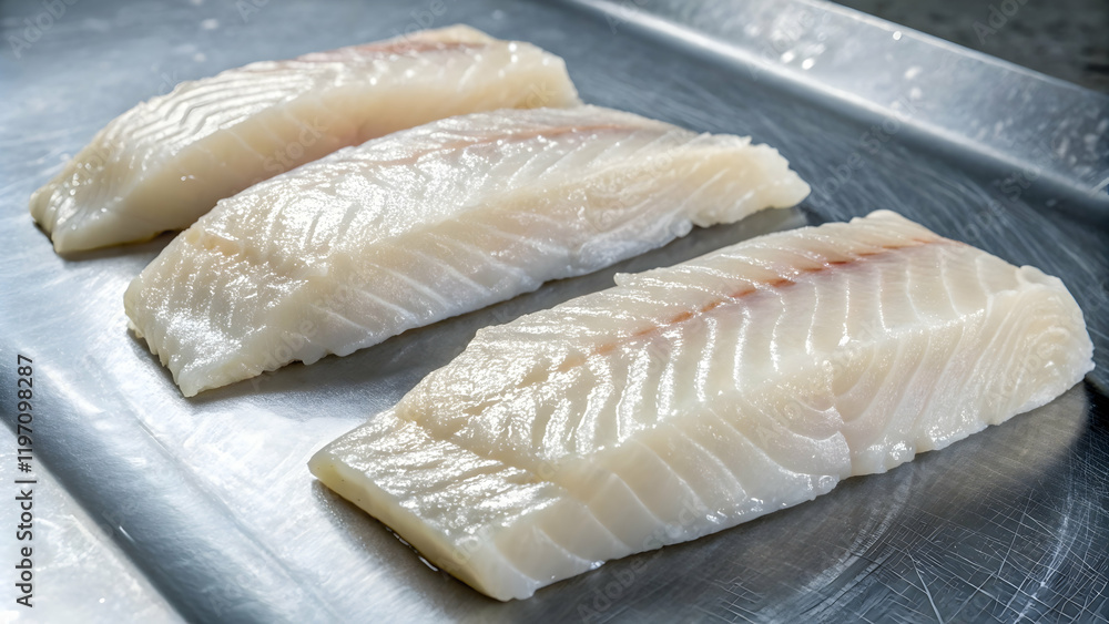Fresh Raw Fish Fillets on Metal Tray Fresh Raw Fish Fillets on Metal Tray