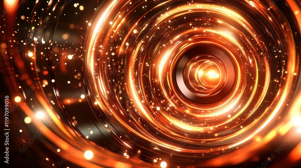 Abstract depiction of dynamic swirling light patterns with vivid orange and golden hues creating a sense of depth and movement suitable for technology and background use. Abstract depiction of dynamic swirling light patterns with vivid orange and golden hues creating a sense of depth and movement suitable for technology and background use.