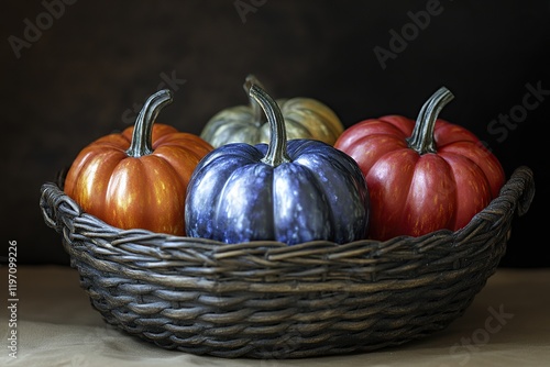 A basket of pumpkins in different colors, displayed on the table photo