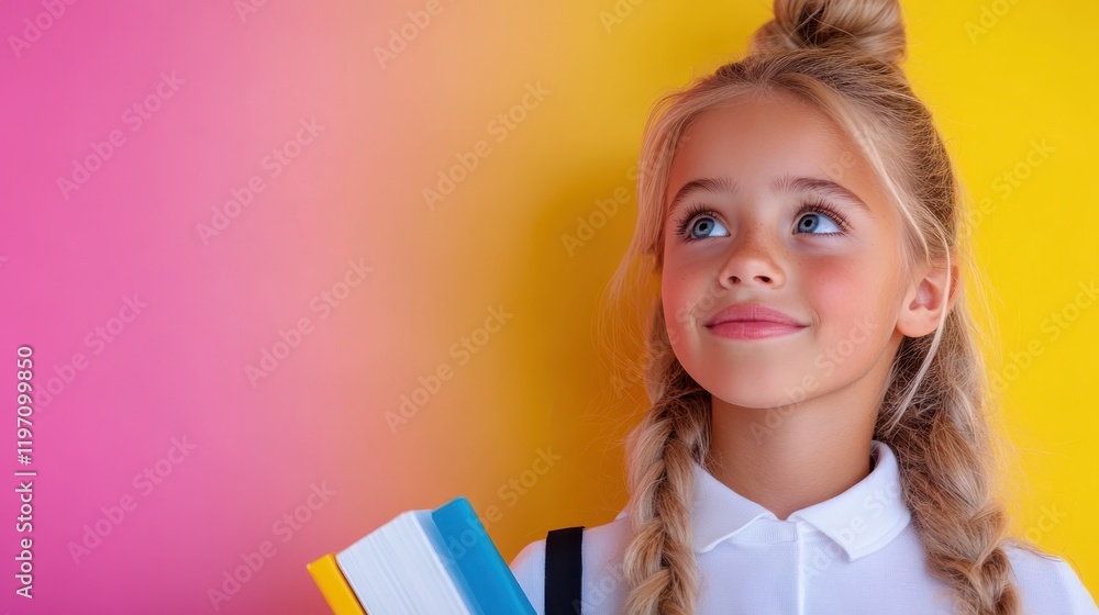 Bright schoolgirl ready for the new academic year on a vibrant background Bright schoolgirl ready for the new academic year on a vibrant background