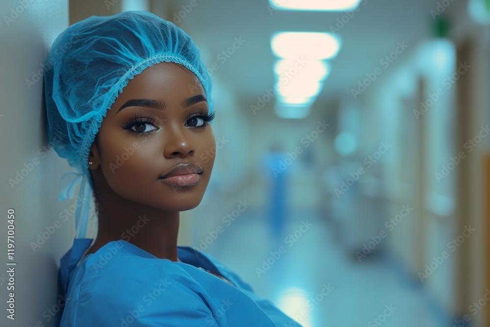 Pensive black female surgeon in hospital hallway. Generative AI Pensive black female surgeon in hospital hallway. Generative AI
