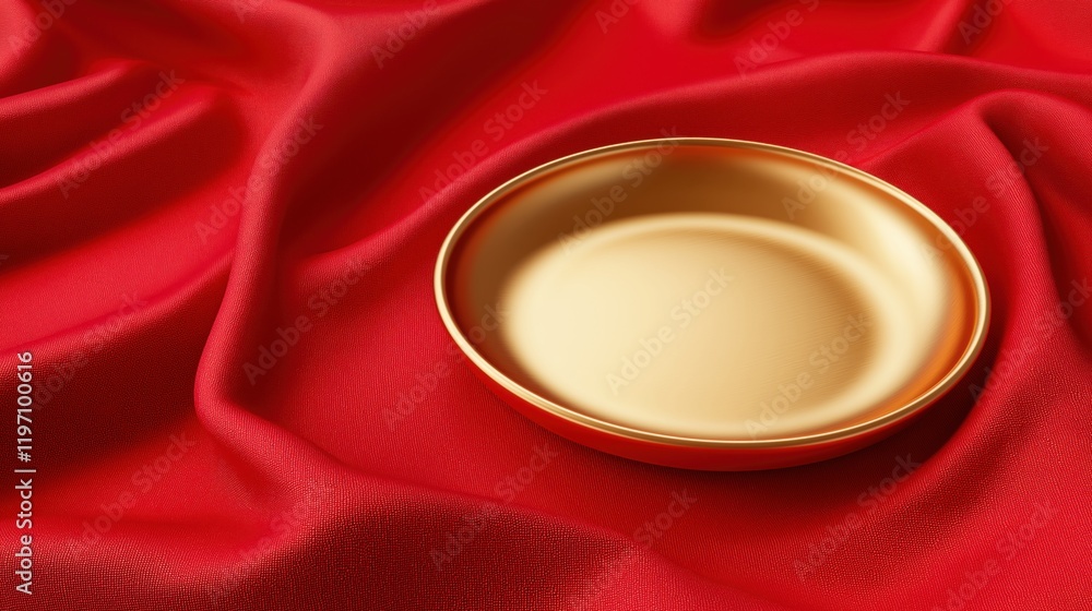 Golden plate resting on a vibrant red fabric background in a classic and elegant arrangement suitable for various occasions. Golden plate resting on a vibrant red fabric background in a classic and elegant arrangement suitable for various occasions.